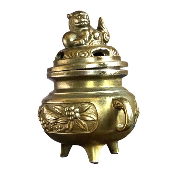 Vintage Chinese Brass Ornate Engraved Foo Dog Incense Burner Holder Altar Decor - Picture 13 of 16